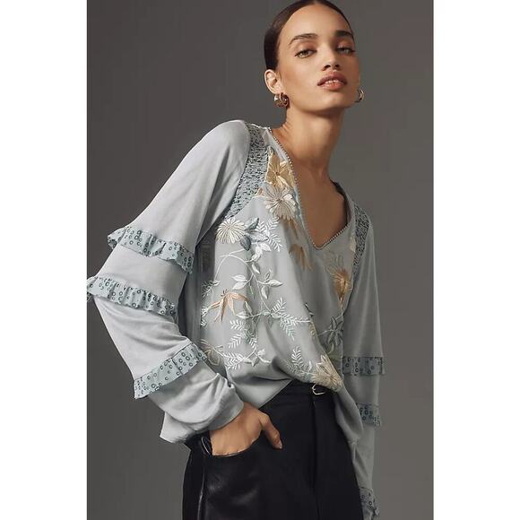 Anthropologie Tops - Anthropologie Tiny Embroidered Floral Ruffled Top Long Sleeves Size Small NWOT